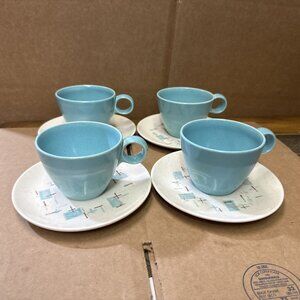 Metlox Vernon Heavenly Days Atomic Turquoise Blue Cups Saucers Set of (4)